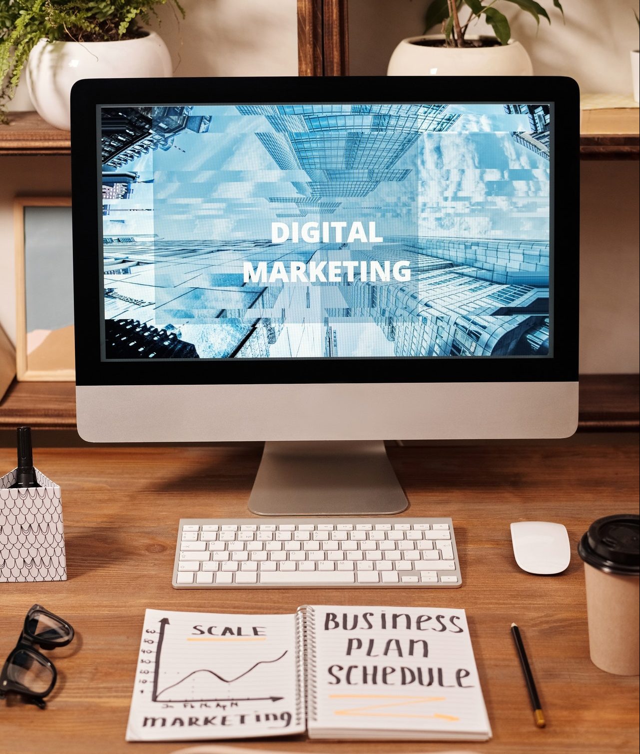 An image of a computer with the words "digital marketing" on them to represent how Wellness Business Connections networking group can help with marketing for your wellness business.